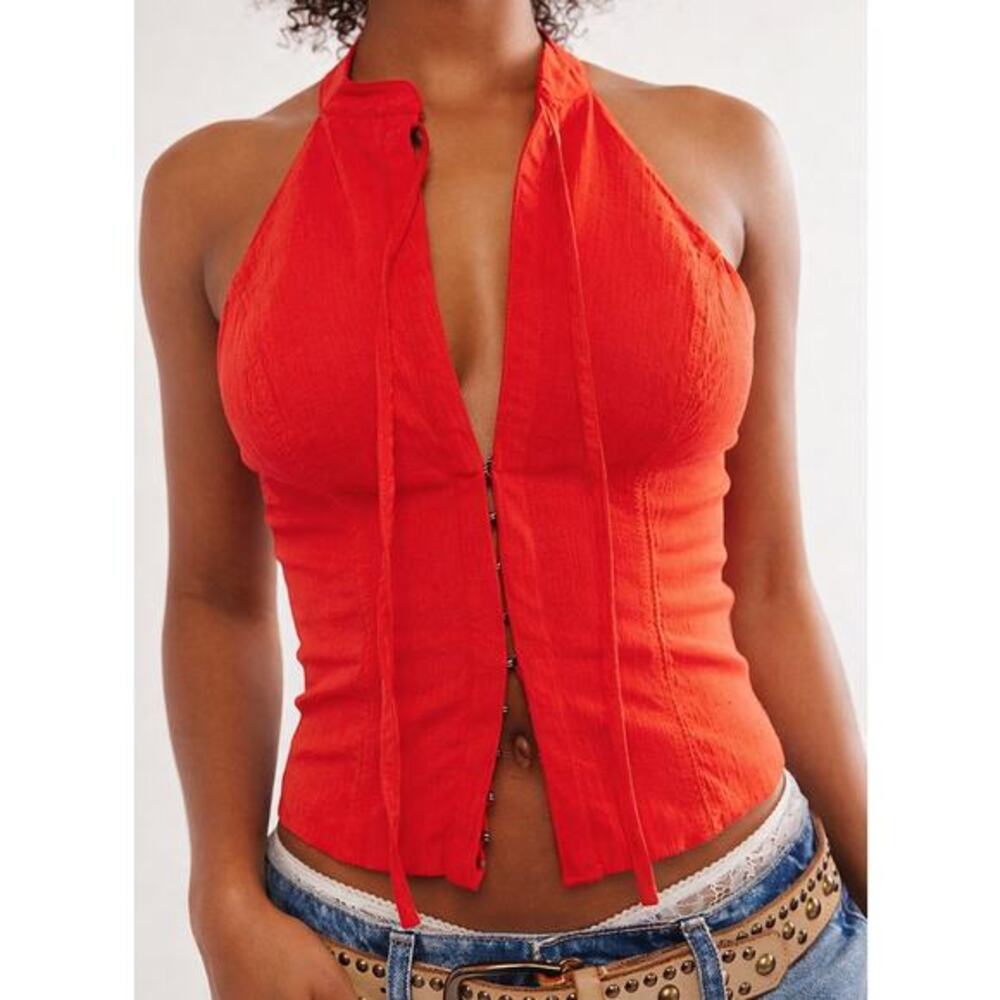 Free People Jessie Hook& Eye Corset Top Large Tomato Red Edgy Western Rocker